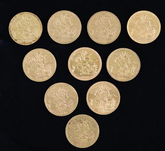 Ten gold full sovereigns, 1871, 1873, 1881, 1887, 1891, 1899, 1900, 1911, 1912 & 1978.